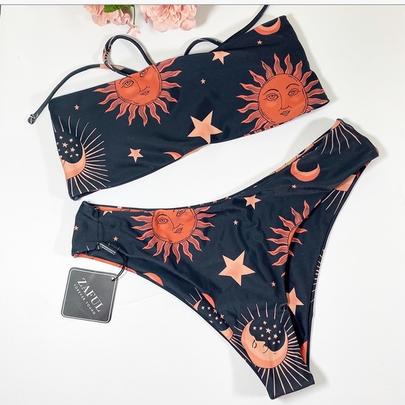 NWT ZAFUL Sun Moon Star Print Bandeau Bikini Set - Picture 3 of 10